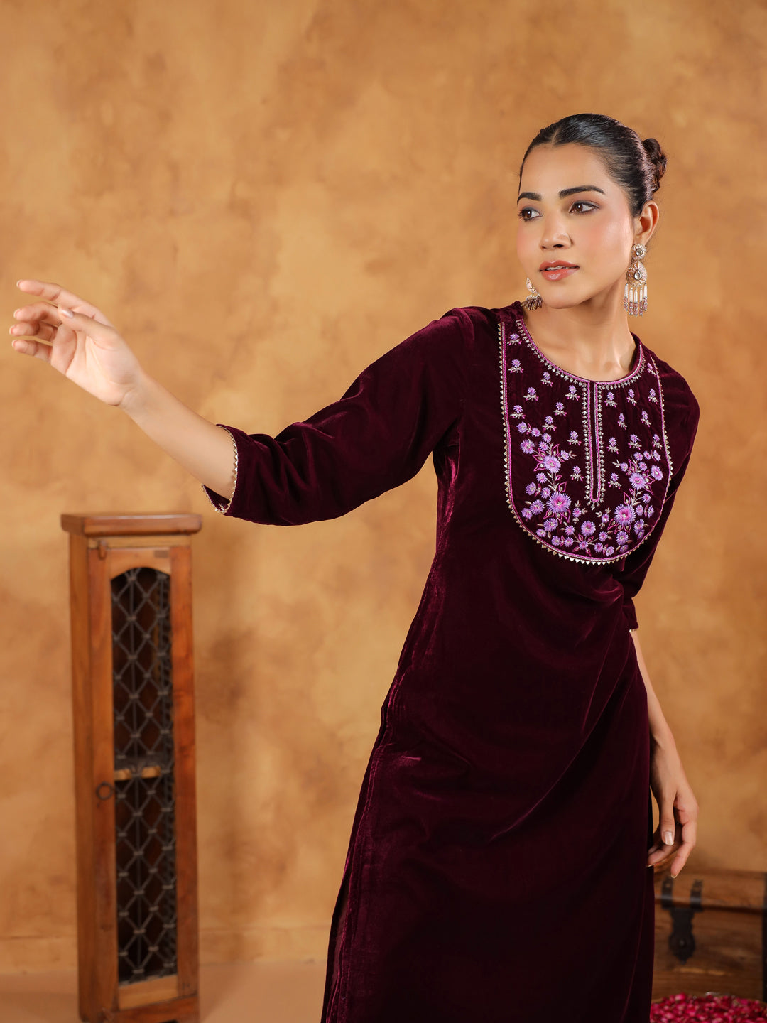 Janasya Wine Velvet Embroidered Kurta & Bottom - Distacart