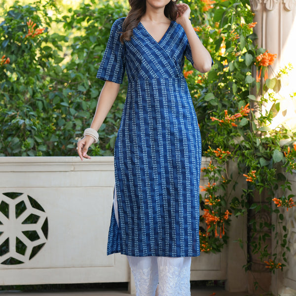 Janasya Dark Cotton Geometric Straight Kurta
