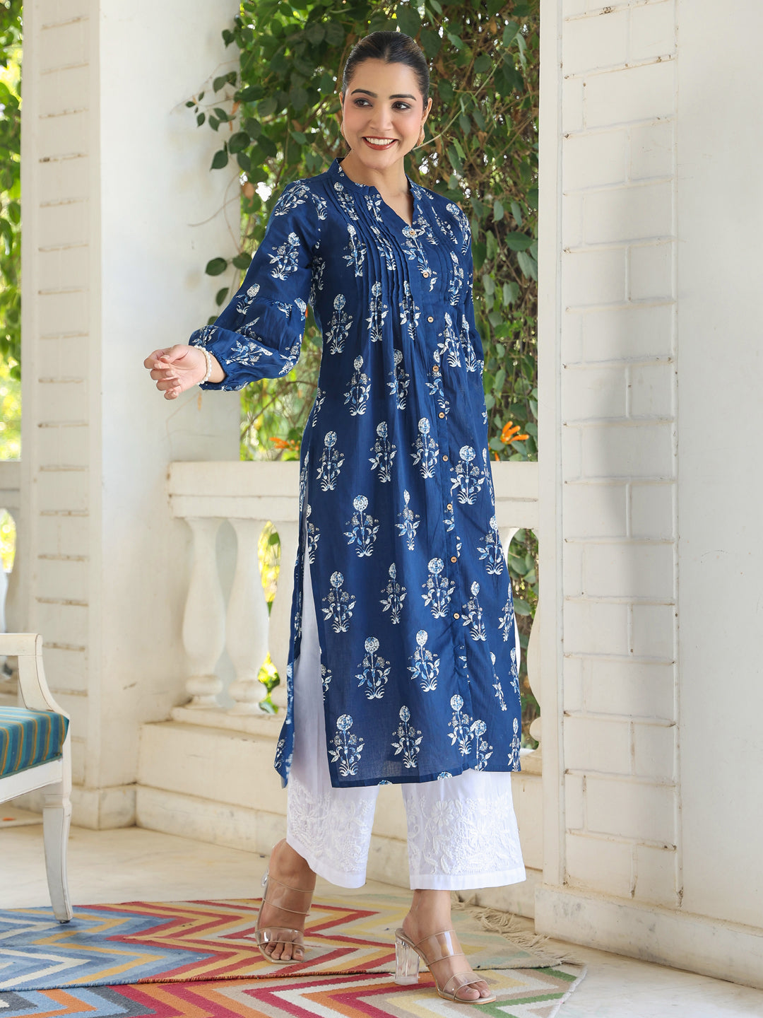 Janasya Dark Cotton Floral Pleated Kurta