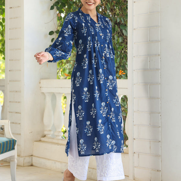 Janasya Dark Cotton Floral Pleated Kurta