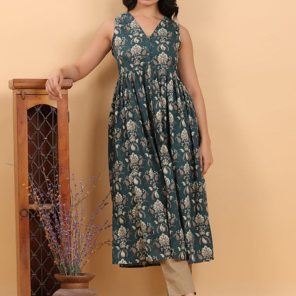 Janasya Dark Green Cambric Ethnic Motifs Kurta - Distacart