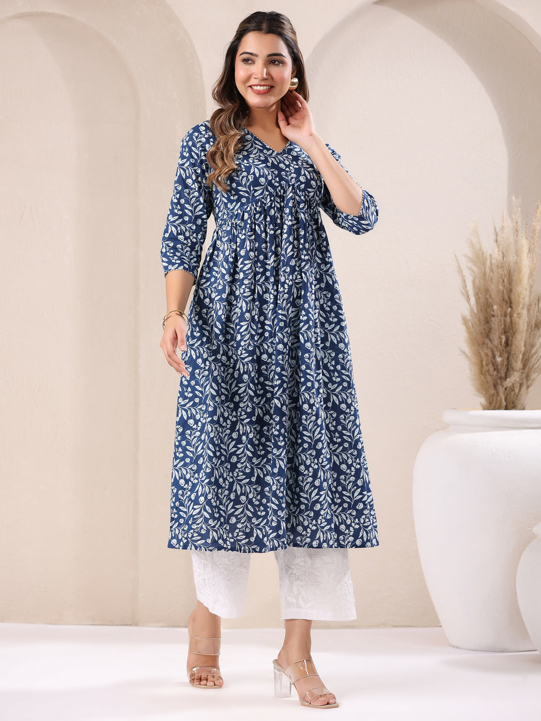 Janasya Dark Cotton Floral A-Line Kurta - Distacart