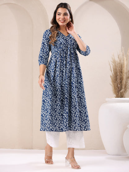 Janasya Dark Cotton Floral A-Line Kurta - Distacart