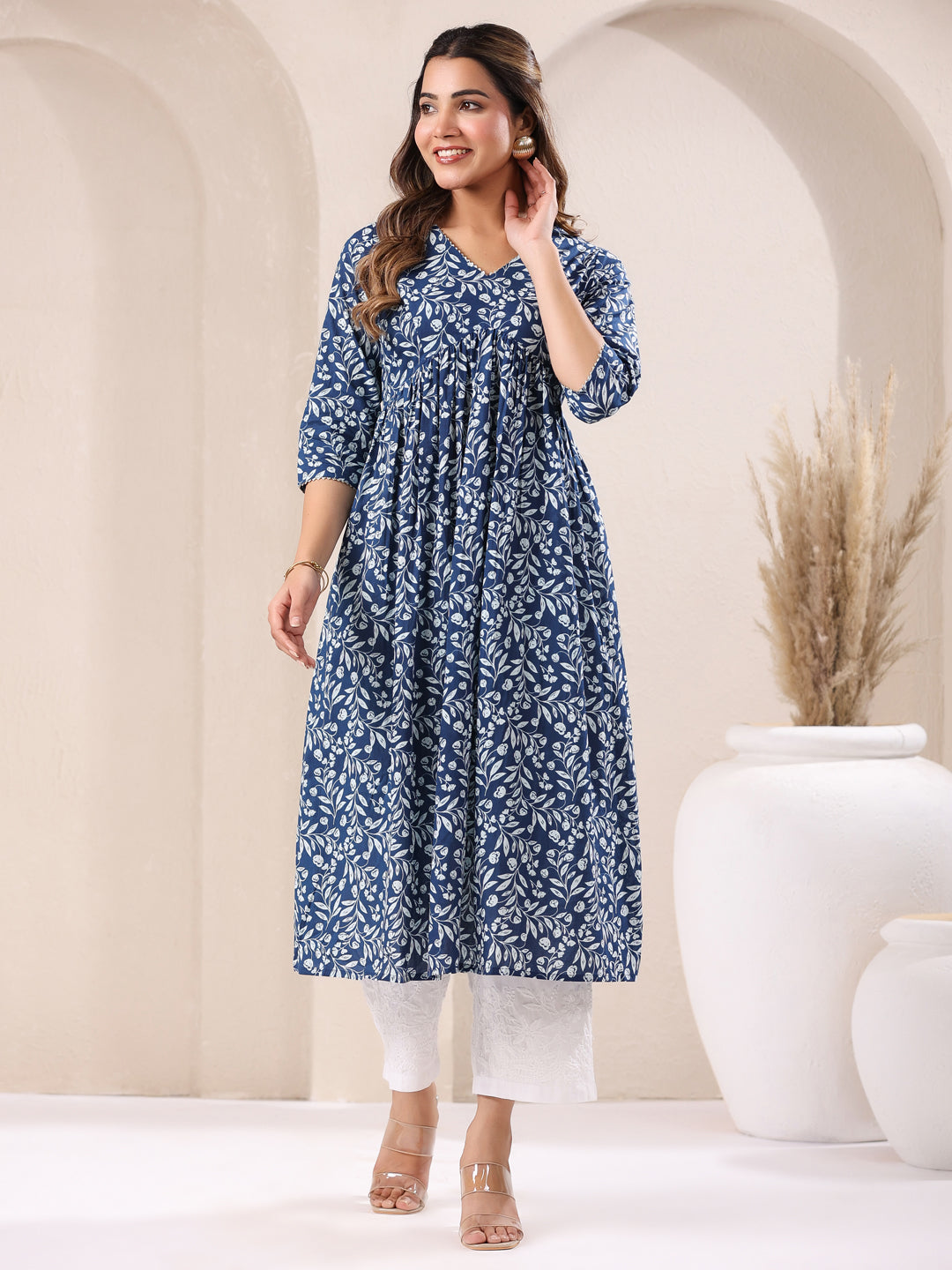 Janasya Dark Cotton Floral A-Line Kurta