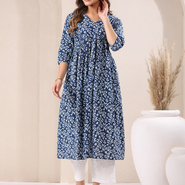 Janasya Dark Cotton Floral A-Line Kurta