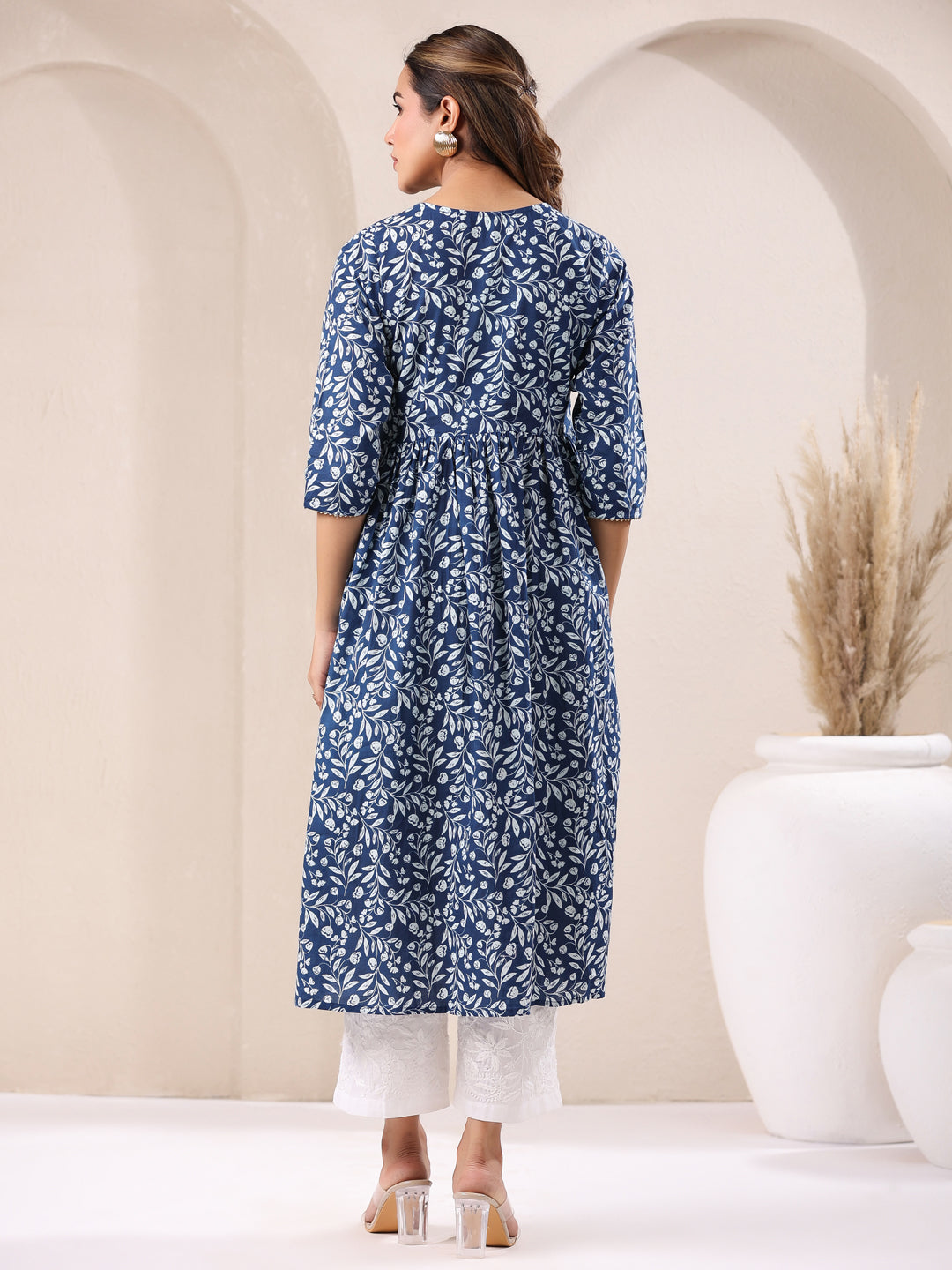 Janasya Dark Cotton Floral A-Line Kurta - Distacart