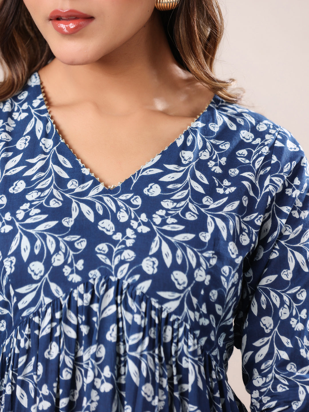 Janasya Dark Cotton Floral A-Line Kurta