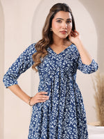Thumbnail for Janasya Dark Cotton Floral A-Line Kurta