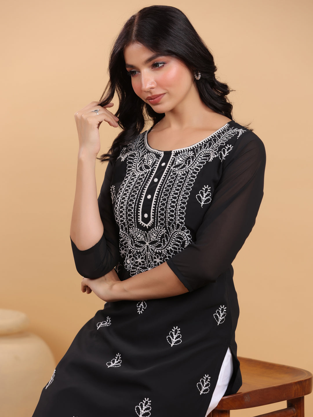 Janasya Black Weightless Georgette Embroidered Kurta - Distacart