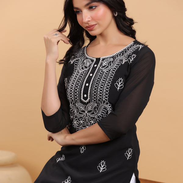 Janasya Black Weightless Georgette Embroidered Kurta - Distacart