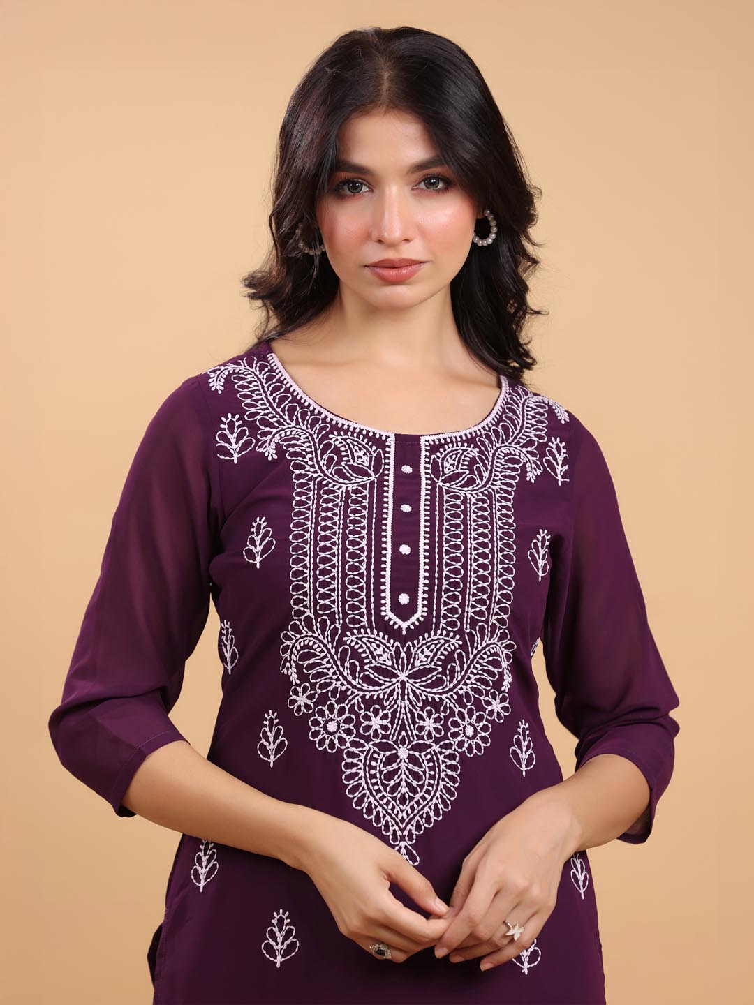 Janasya Purple Weightless Georgette Embroidered Kurta - Distacart