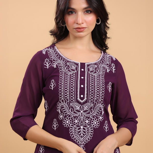 Janasya Purple Weightless Georgette Embroidered Kurta - Distacart