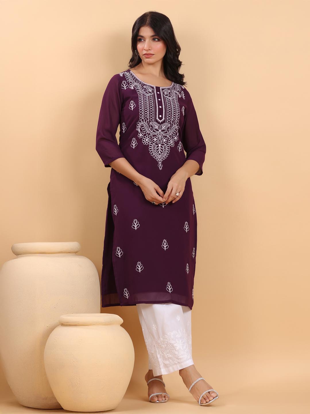Janasya Purple Weightless Georgette Embroidered Kurta - Distacart