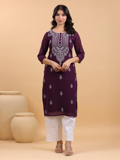 Janasya Purple Weightless Georgette Embroidered Kurta - Distacart