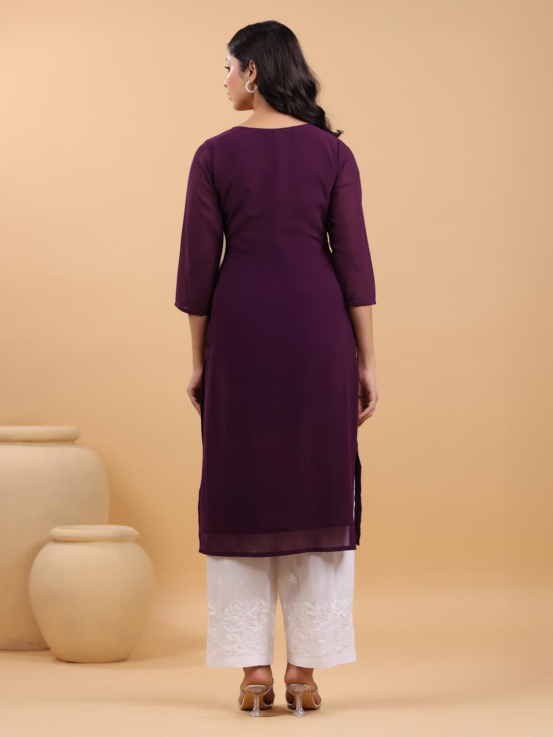 Janasya Purple Weightless Georgette Embroidered Kurta - Distacart