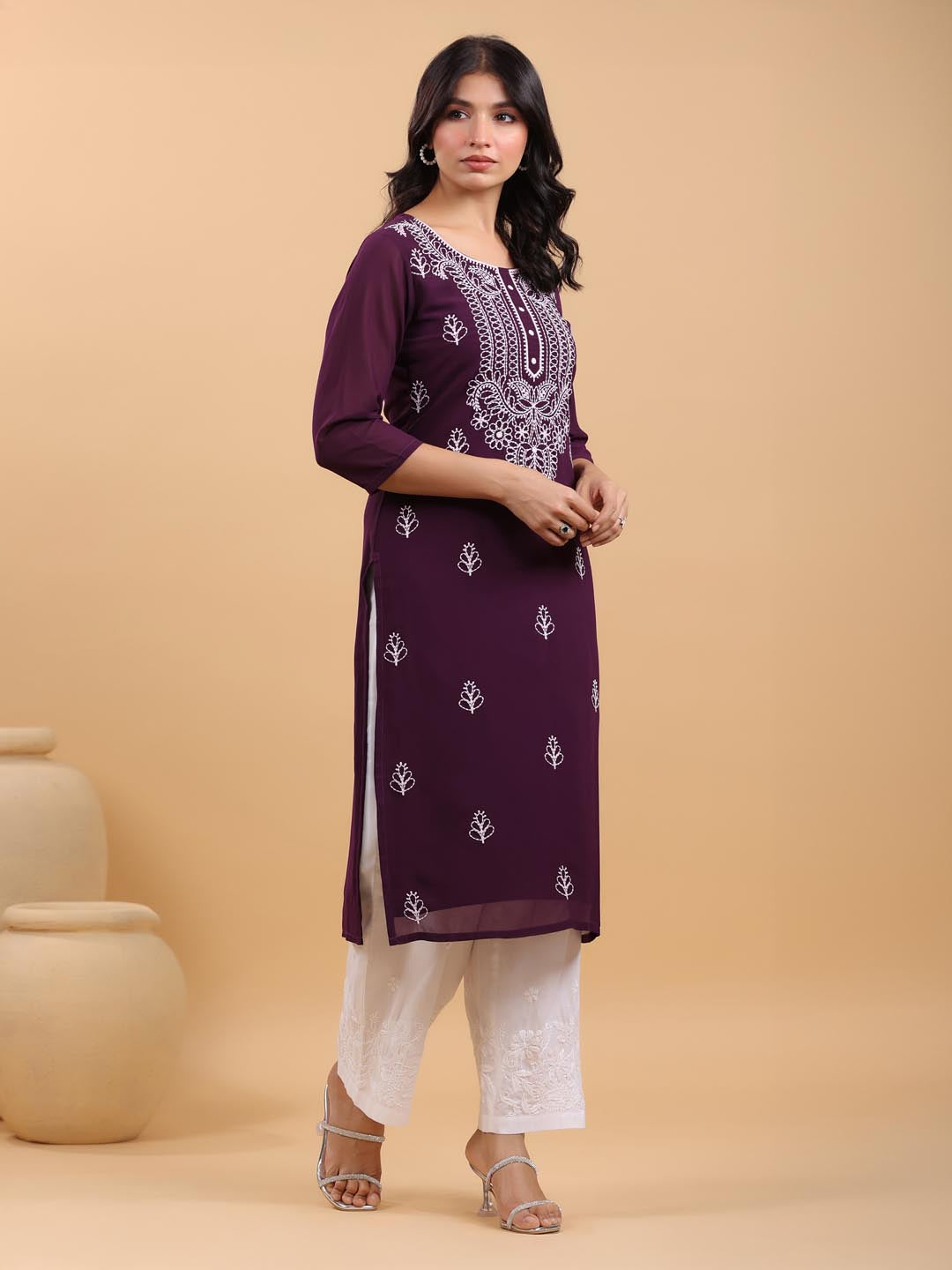 Janasya Purple Weightless Georgette Embroidered Kurta - Distacart