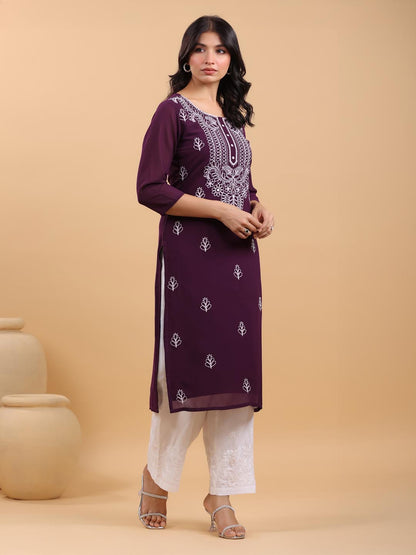 Janasya Purple Weightless Georgette Embroidered Kurta - Distacart