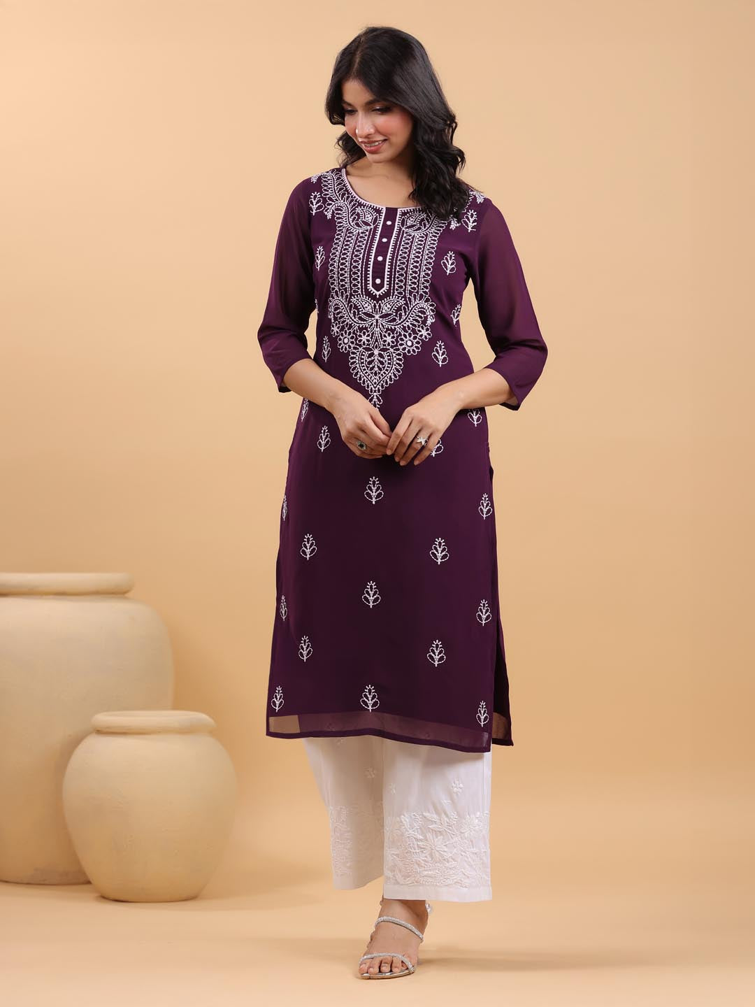 Janasya Purple Weightless Georgette Embroidered Kurta - Distacart
