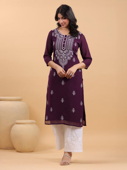 Janasya Purple Weightless Georgette Embroidered Kurta - Distacart