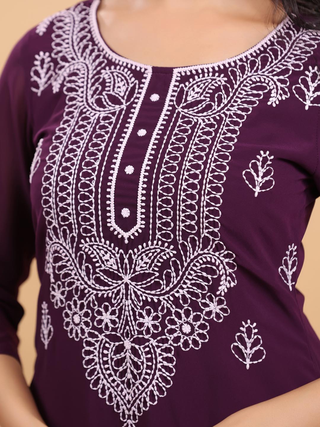 Janasya Purple Weightless Georgette Embroidered Kurta - Distacart