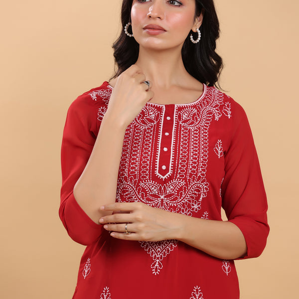 Janasya Maroon Weightless Georgette Embroidered Kurta - Distacart