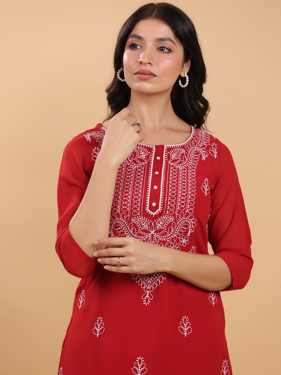 Janasya Maroon Weightless Georgette Embroidered Kurta - Distacart
