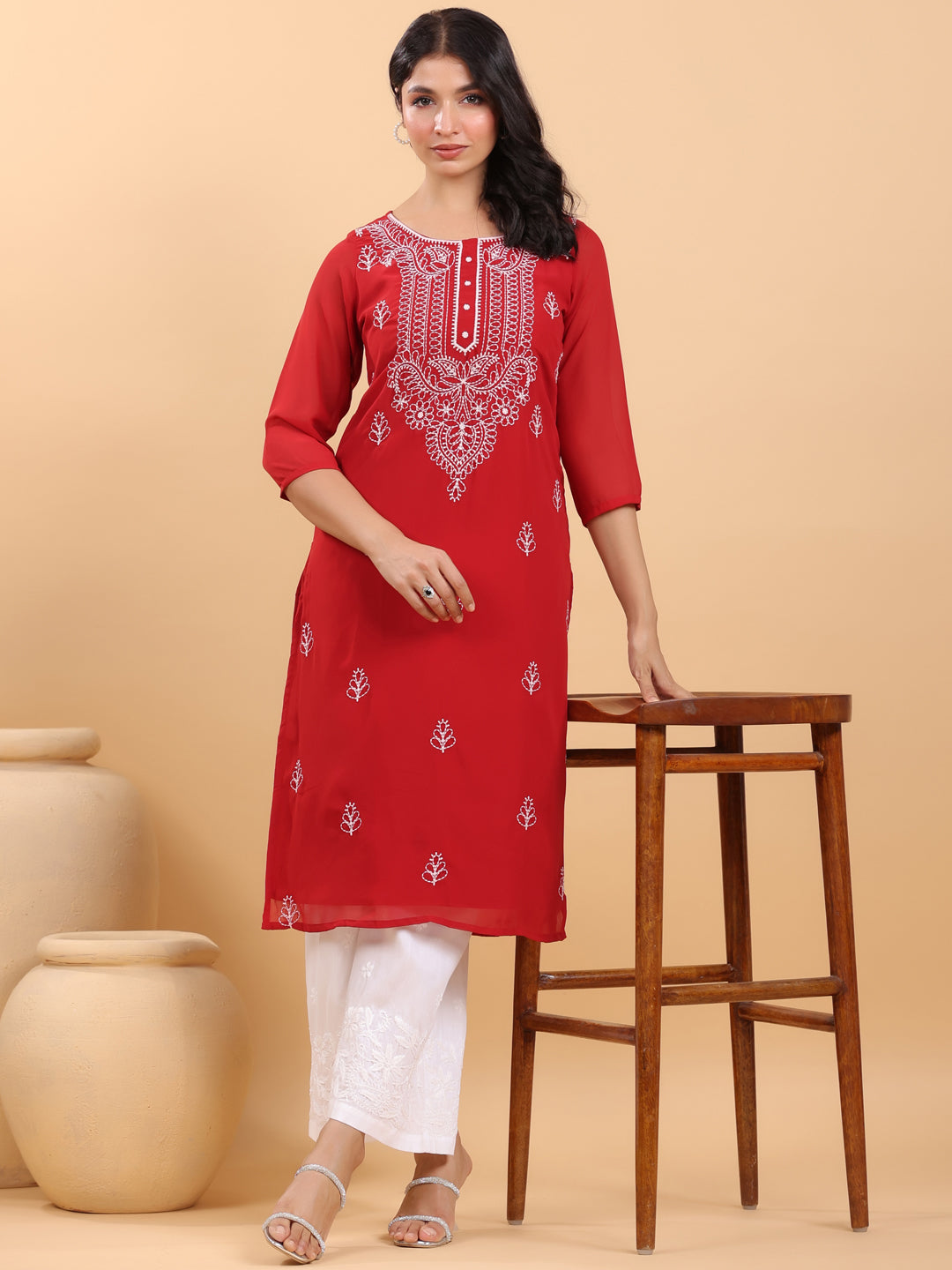 Janasya Maroon Weightless Georgette Embroidered Kurta - Distacart