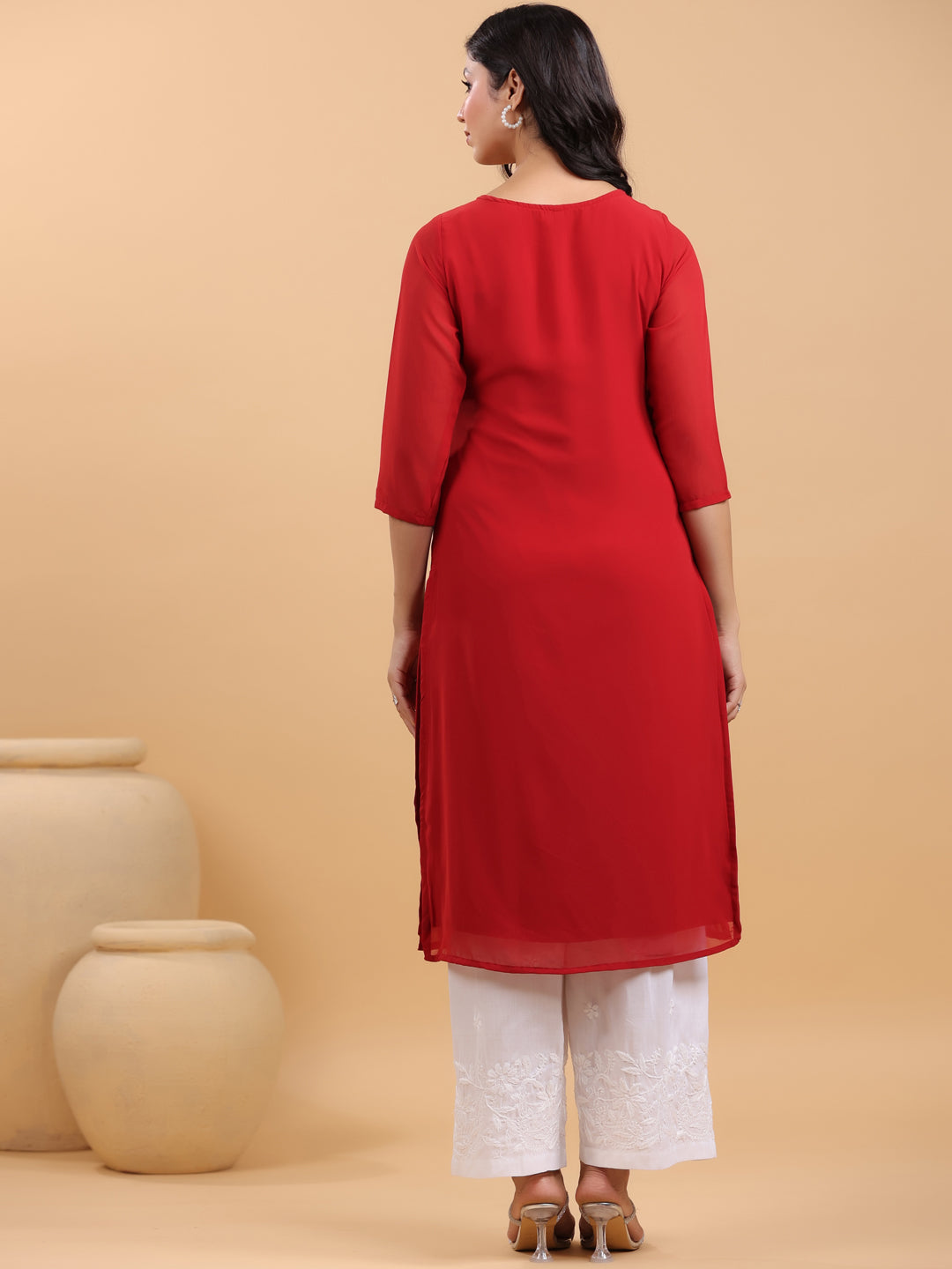 Janasya Maroon Weightless Georgette Embroidered Kurta - Distacart