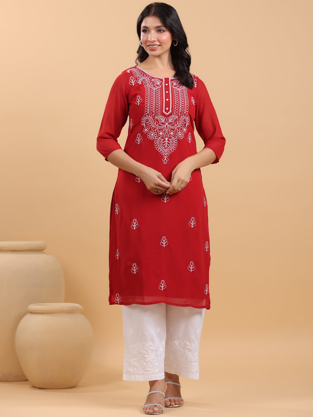 Janasya Maroon Weightless Georgette Embroidered Kurta - Distacart