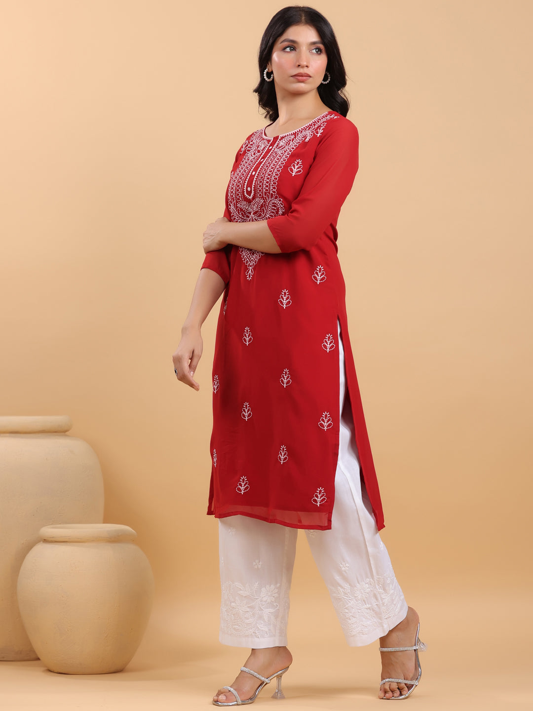 Janasya Maroon Weightless Georgette Embroidered Kurta - Distacart