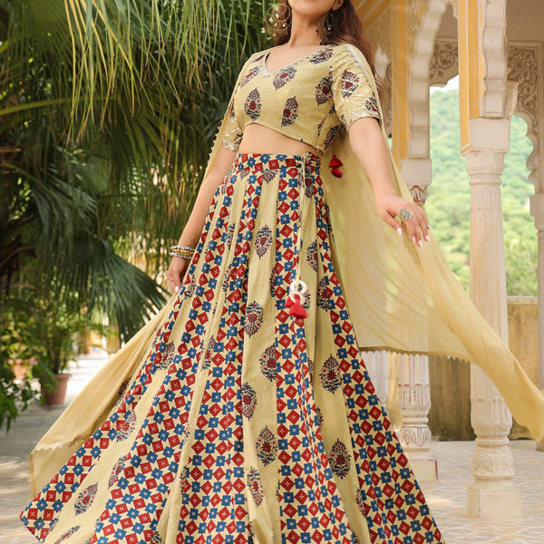 Janasya Beige Cambric Ethnic Motifs Lehenga Choli Dupatta - Distacart