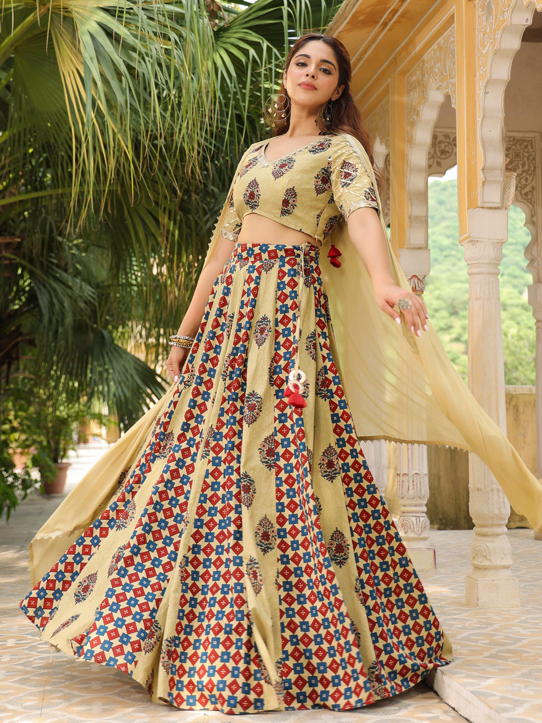 Janasya Beige Cambric Ethnic Motifs Lehenga Choli Dupatta - Distacart