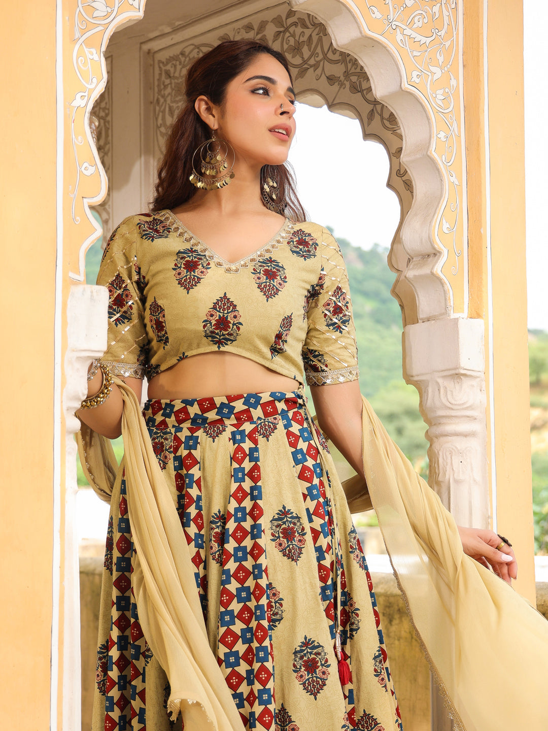 Janasya Beige Cambric Ethnic Motifs Lehenga Choli Dupatta - Distacart