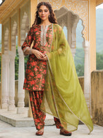 Thumbnail for Janasya Olive Velvet Floral Set - Distacart