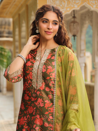 Janasya Olive Velvet Floral Set - Distacart