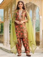 Thumbnail for Janasya Olive Velvet Floral Set - Distacart
