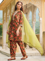Thumbnail for Janasya Olive Velvet Floral Set - Distacart