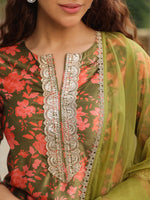 Thumbnail for Janasya Olive Velvet Floral Set - Distacart