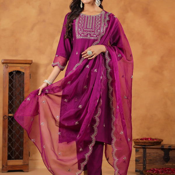 Janasya Purple Premium Chinnon Embroidered Kurta,Bottom & Dupatta - Distacart