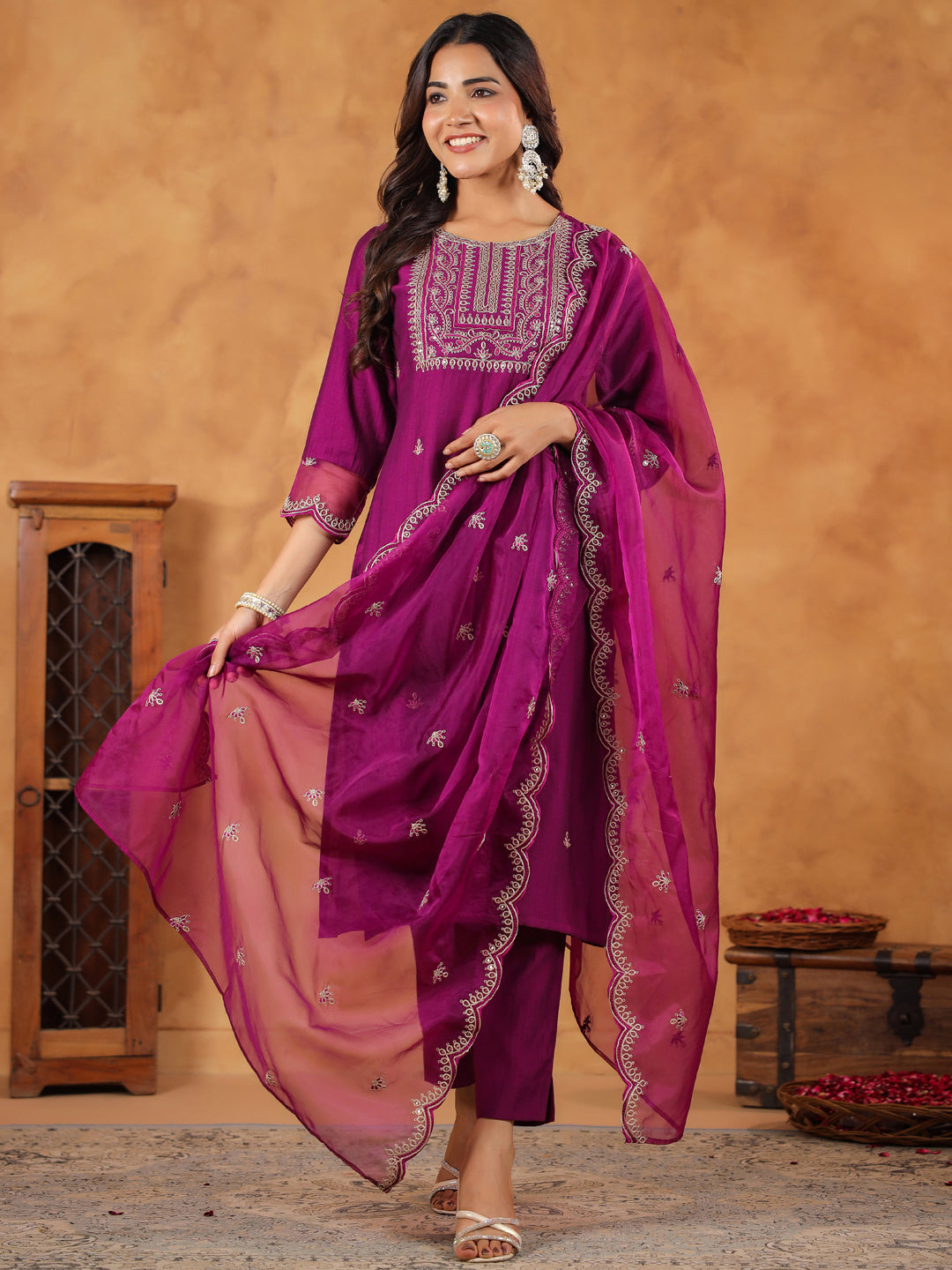 Janasya Purple Premium Chinnon Embroidered Kurta,Bottom & Dupatta - Distacart