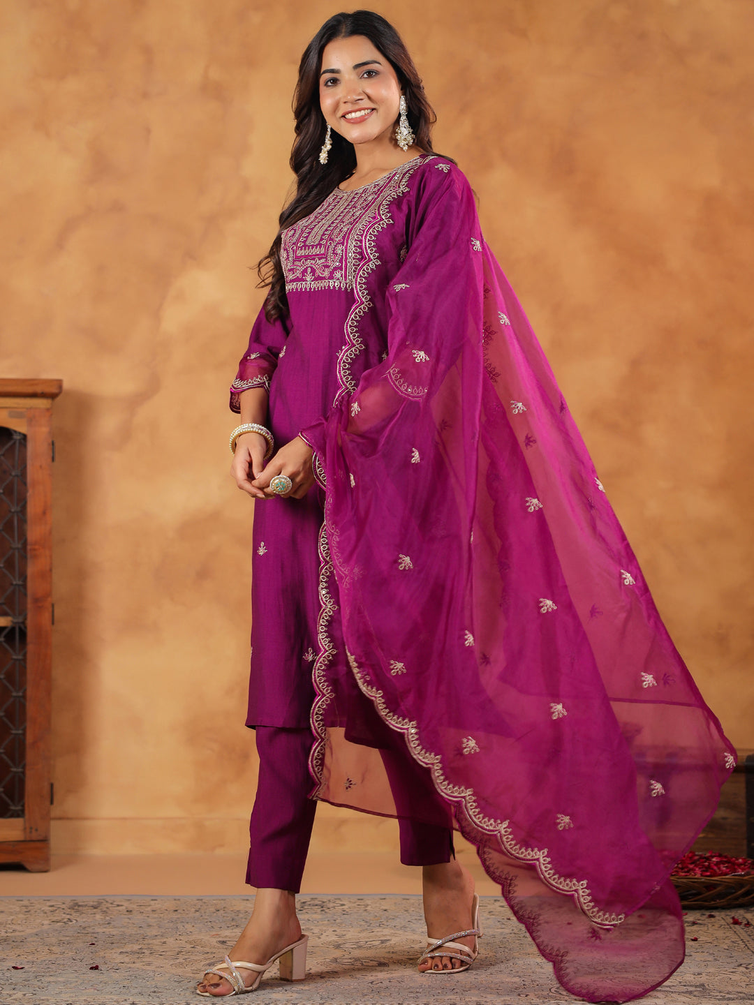 Janasya Purple Premium Chinnon Embroidered Kurta,Bottom & Dupatta - Distacart
