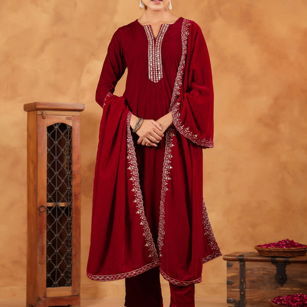 Janasya Maroon Velvet Embroidered Kurta,Bottom & Dupatta - Distacart