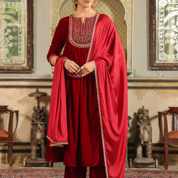 Janasya Maroon Velvet Embroidered Kurta,Bottom & Dupatta - Distacart