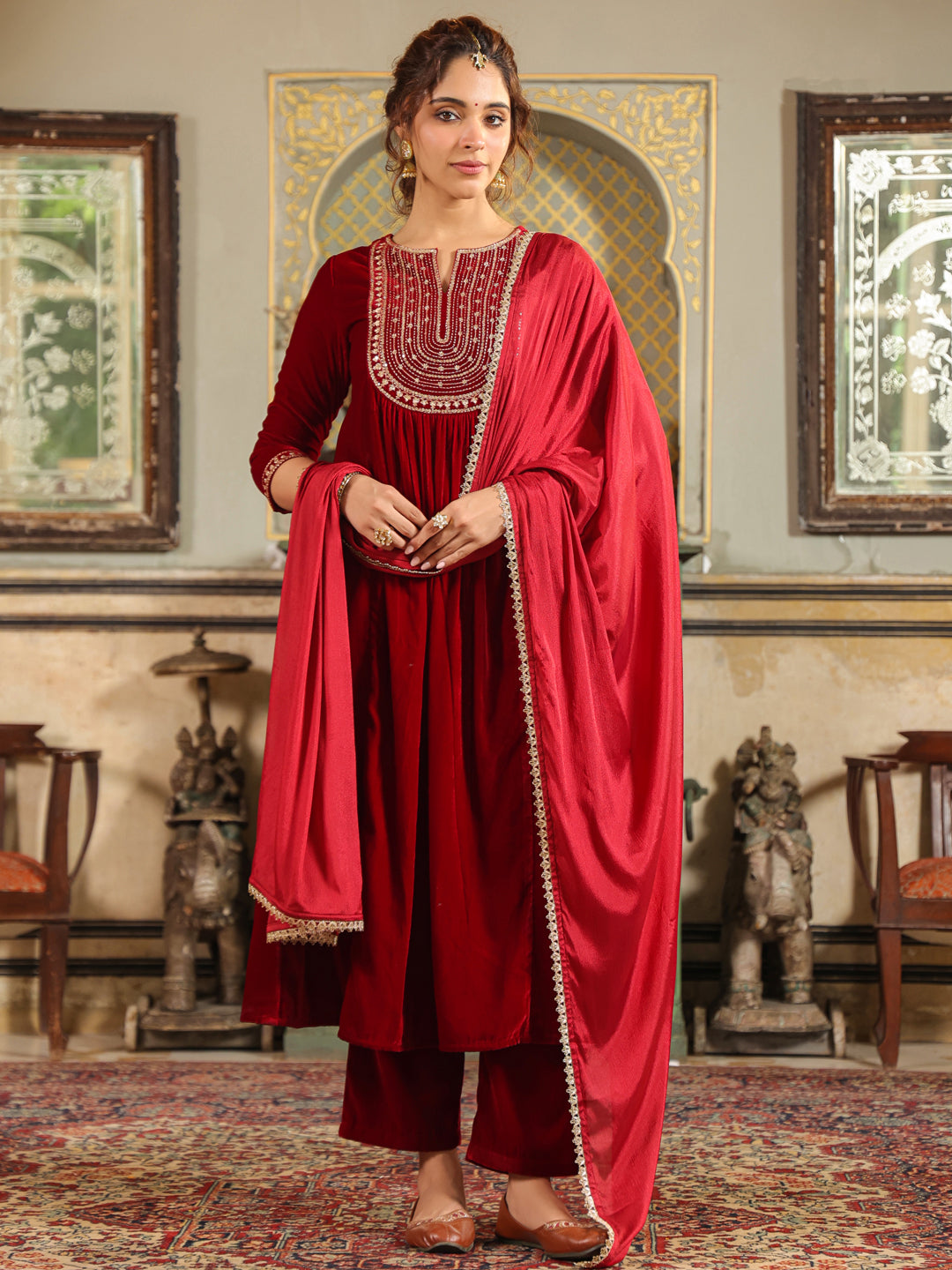 Janasya Maroon Velvet Embroidered Kurta,Bottom & Dupatta - Distacart