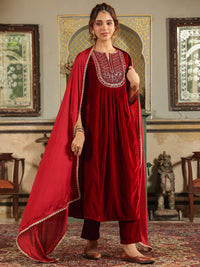 Thumbnail for Janasya Maroon Velvet Embroidered Kurta,Bottom & Dupatta