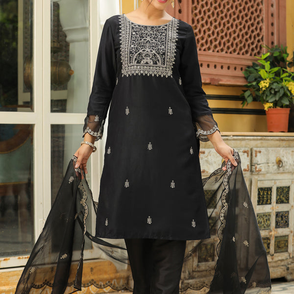 Janasya Black Premium Chinnon Embroidered Kurta,Bottom & Dupatta - Distacart