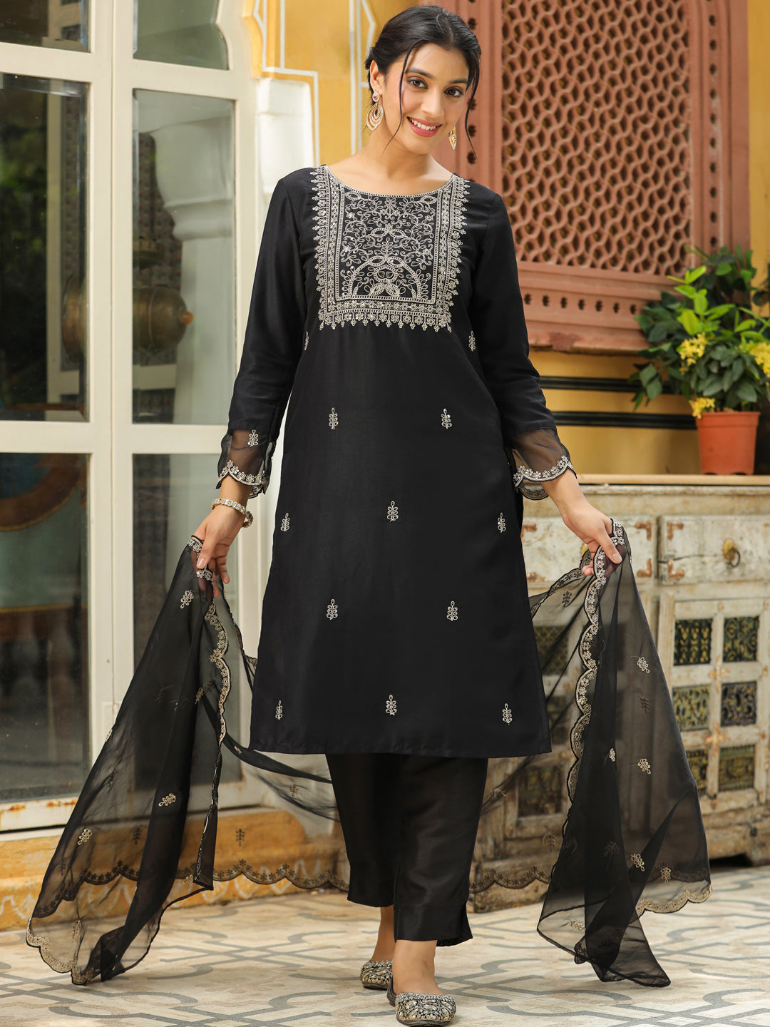 Janasya Black Premium Chinnon Embroidered Kurta,Bottom & Dupatta - Distacart