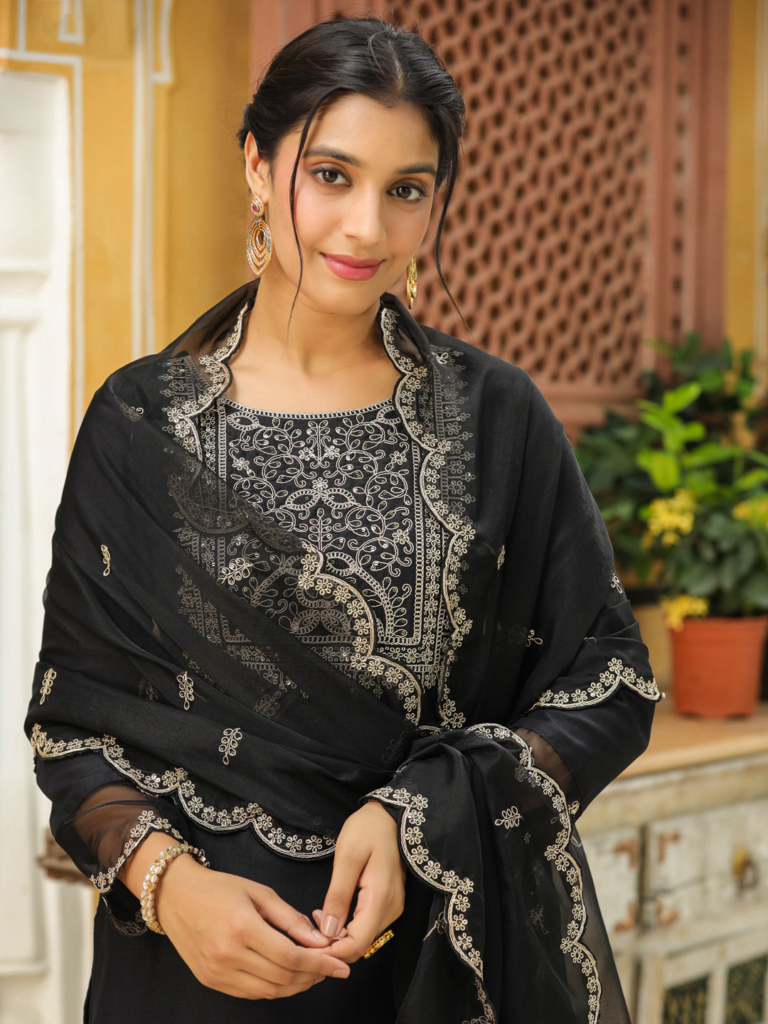 Janasya Black Premium Chinnon Embroidered Kurta,Bottom & Dupatta - Distacart