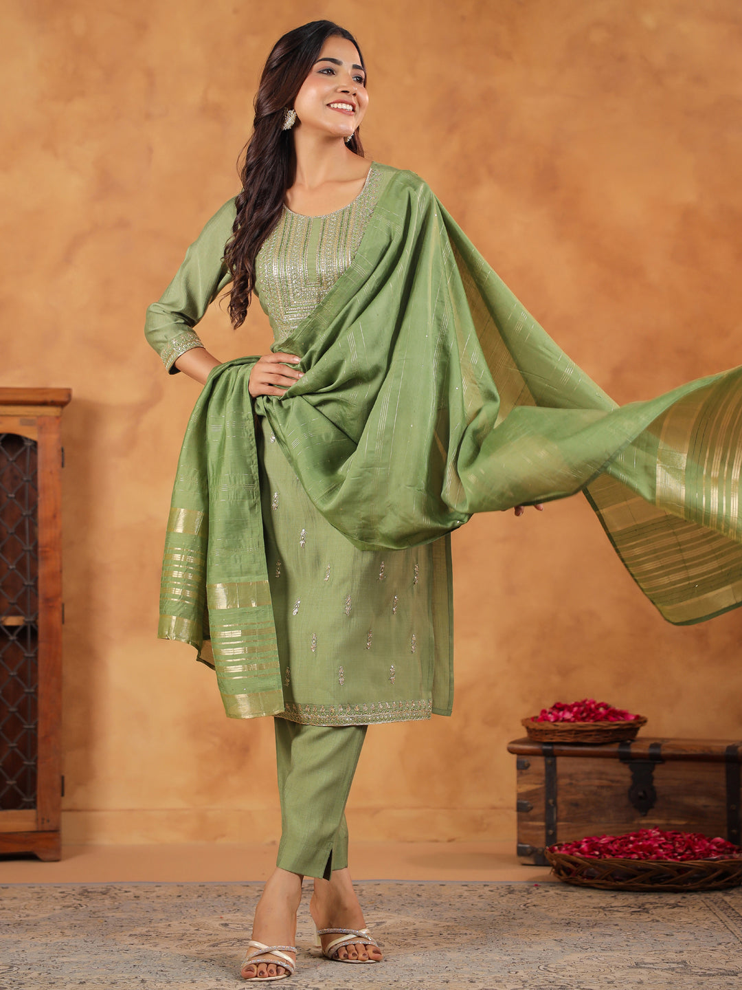 Janasya Sage Premium Chinnon Embroidered Kurta,Bottom & Dupatta - Distacart