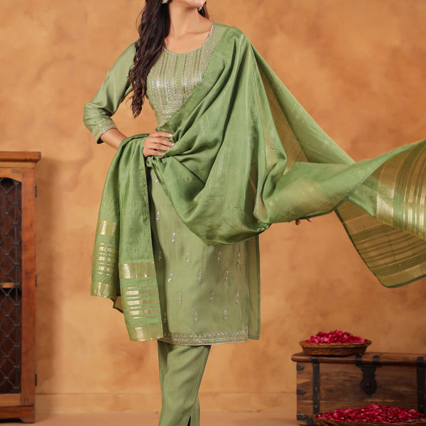 Janasya Sage Premium Chinnon Embroidered Kurta,Bottom & Dupatta - Distacart
